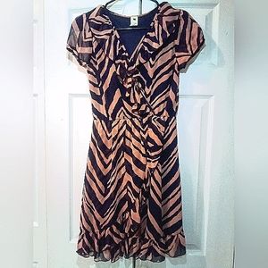 Women's Needle & Thread Size S Ruffled Navy & Peach Zebra Print Dress